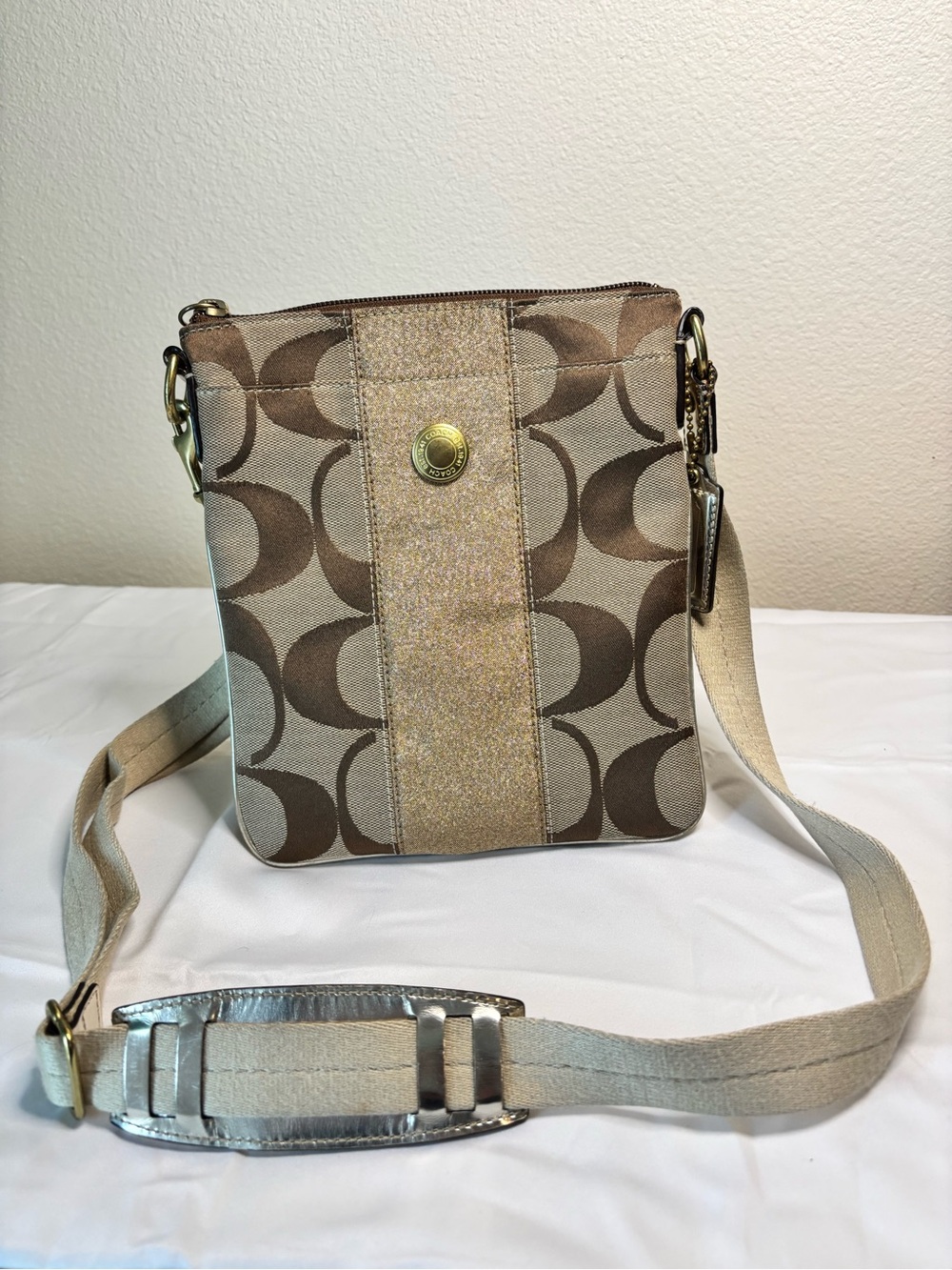 Vintage 2008 Coach Jacquard Signature Crossbody with Gold Metallic Stripe 42246